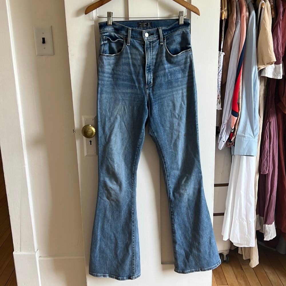 Abercrombie & Fitch high-rise flare jeans, medium wash, size 28R, lightly worn